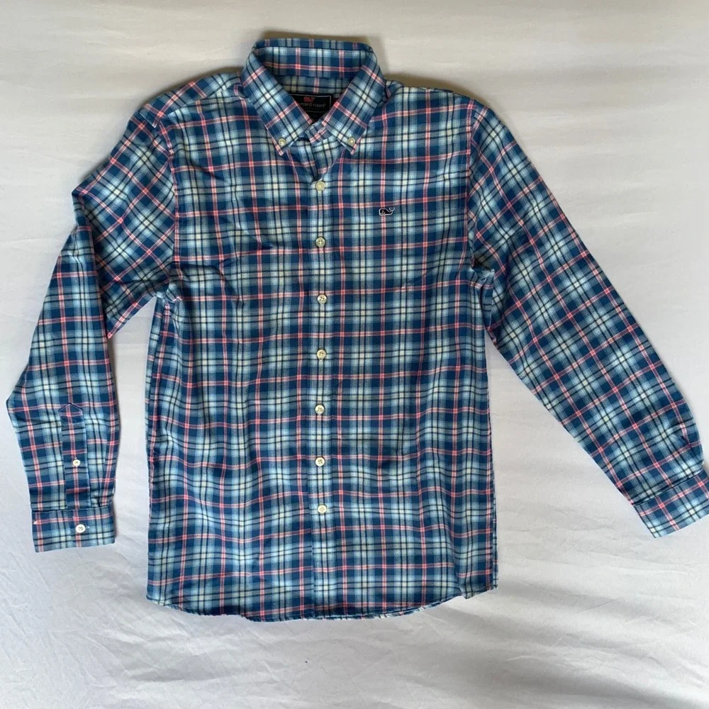 Vineyard Vines Performance Whale Shirt Boys Large 16 Blue Pink Plaid Button Down